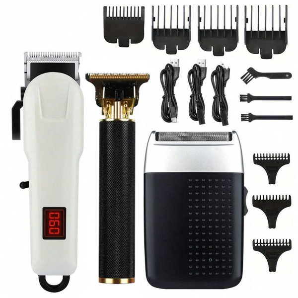 3-Piece Hair Cutting Kit for Men - Hair Clipper, Trimmer and Shaver, Professional Barber Set for Hair Cutting and Beard Trimming, Zero Gap T-blade Contour Clipper, Cordless Hair Clipper for Baldness