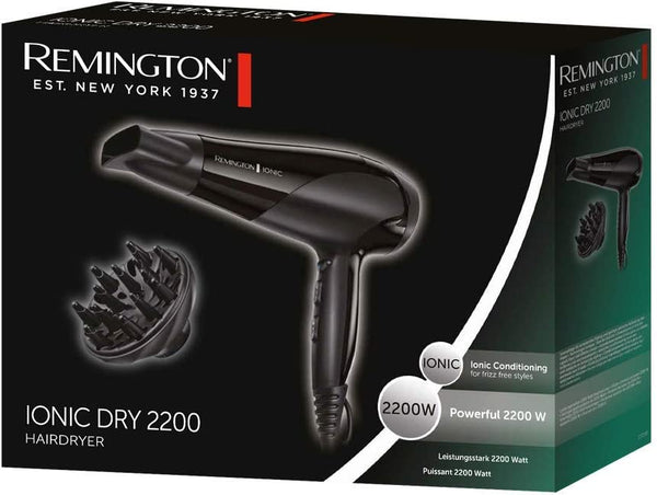 Remington hårfön, 2200W, 3 värme och 2 hastighetsinställningar, kalluft, jonisering, koncentrator, diffuser, upphängningsögla, svart, Ionic Dry D3198 - ASHER