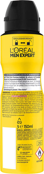 L'Oréal Men Expert Oövervinnlig Sport Antiperspirant Deodorant Spray med 72H Torrskydd, Paket med 6 x 150 ml - ASHER