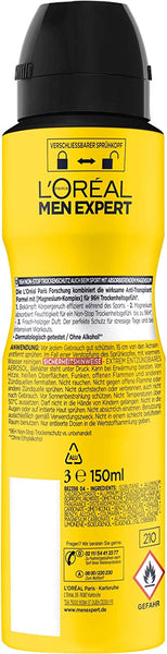 L'Oréal Men Expert Oövervinnlig Sport Antiperspirant Deodorant Spray med 72H Torrskydd, Paket med 6 x 150 ml - ASHER