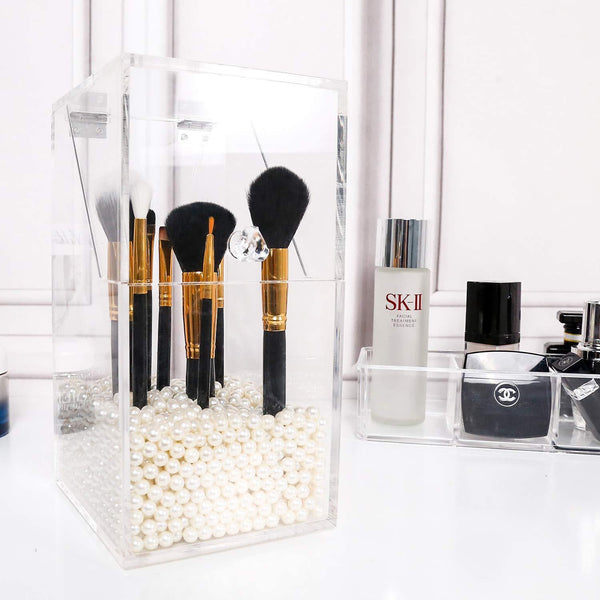 PuTwo Makeupborsthållare Dammtät Förvaringslåda Premiumkvalitet 5 mm tjock akryl makeup organisatör, vit pärla, stor, 1 700 ml - ASHER